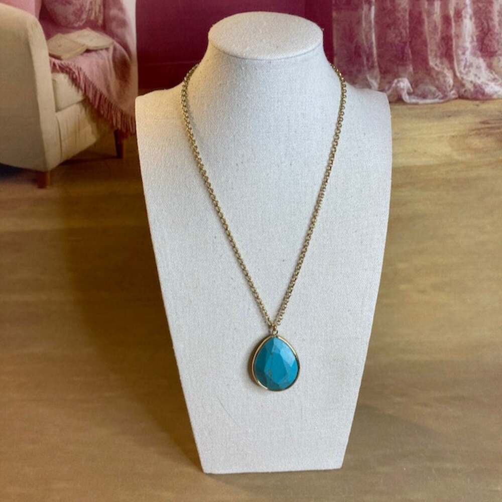 Fossil Turquoise-Dyed Faceted Howlite Teardrop Pendant Necklace Gold Tone